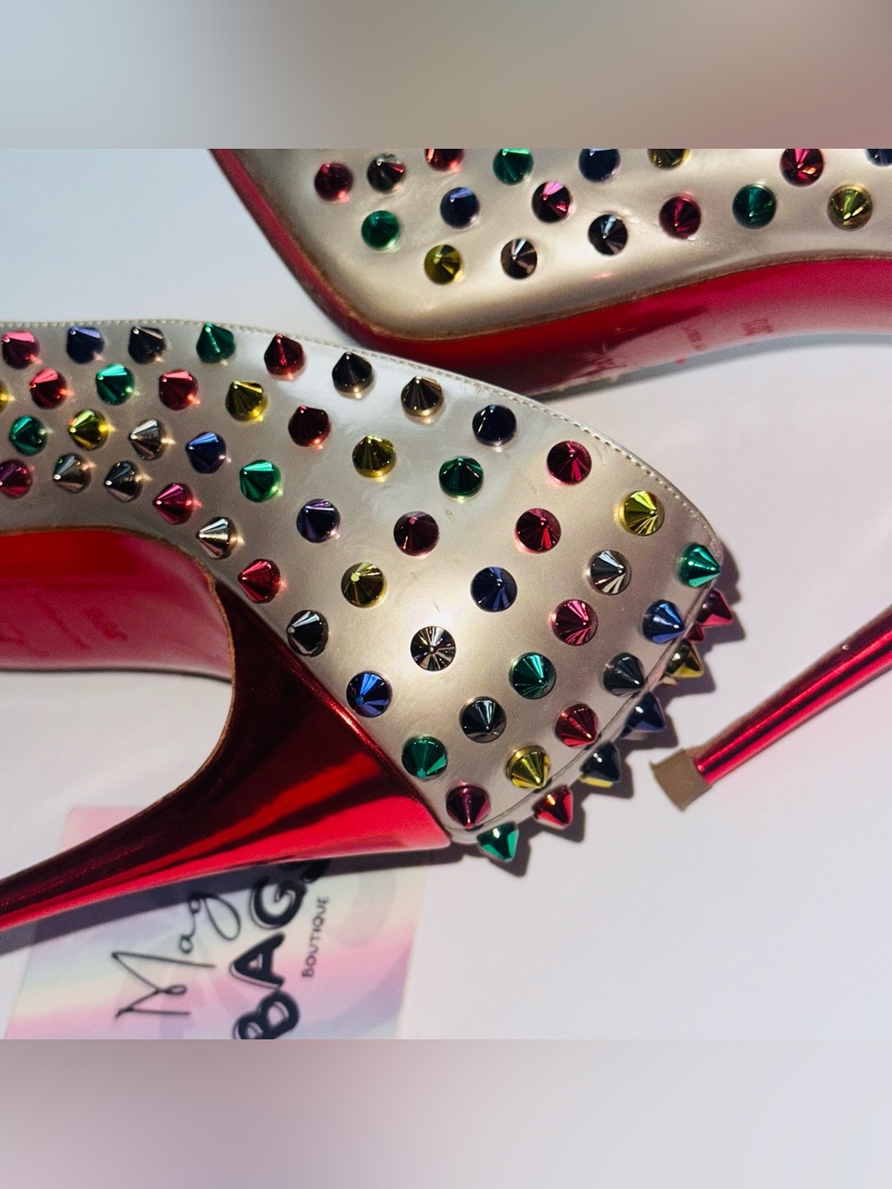 Louboutin: Multicolor Follies Spikes 100 Beige Specchio Studded Heels *RARE* - Picture 12 of 17